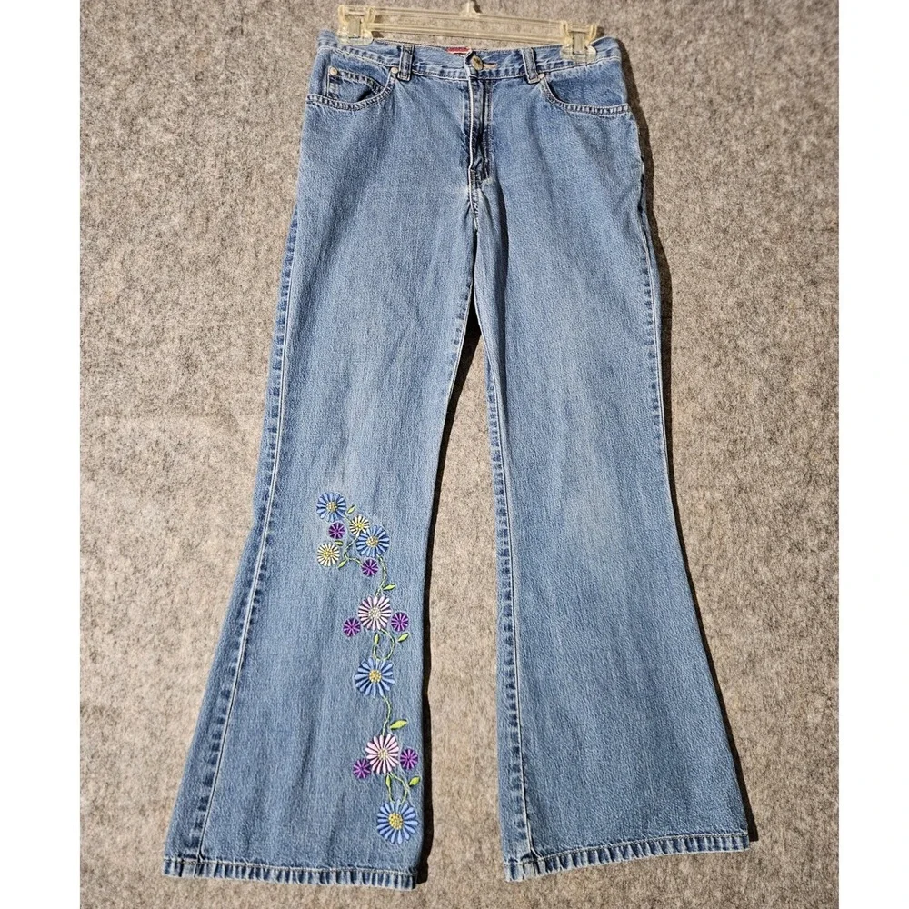 Old Navy Jeans Girls 14 Blue Floral Embroidered Flare Leg Vintage